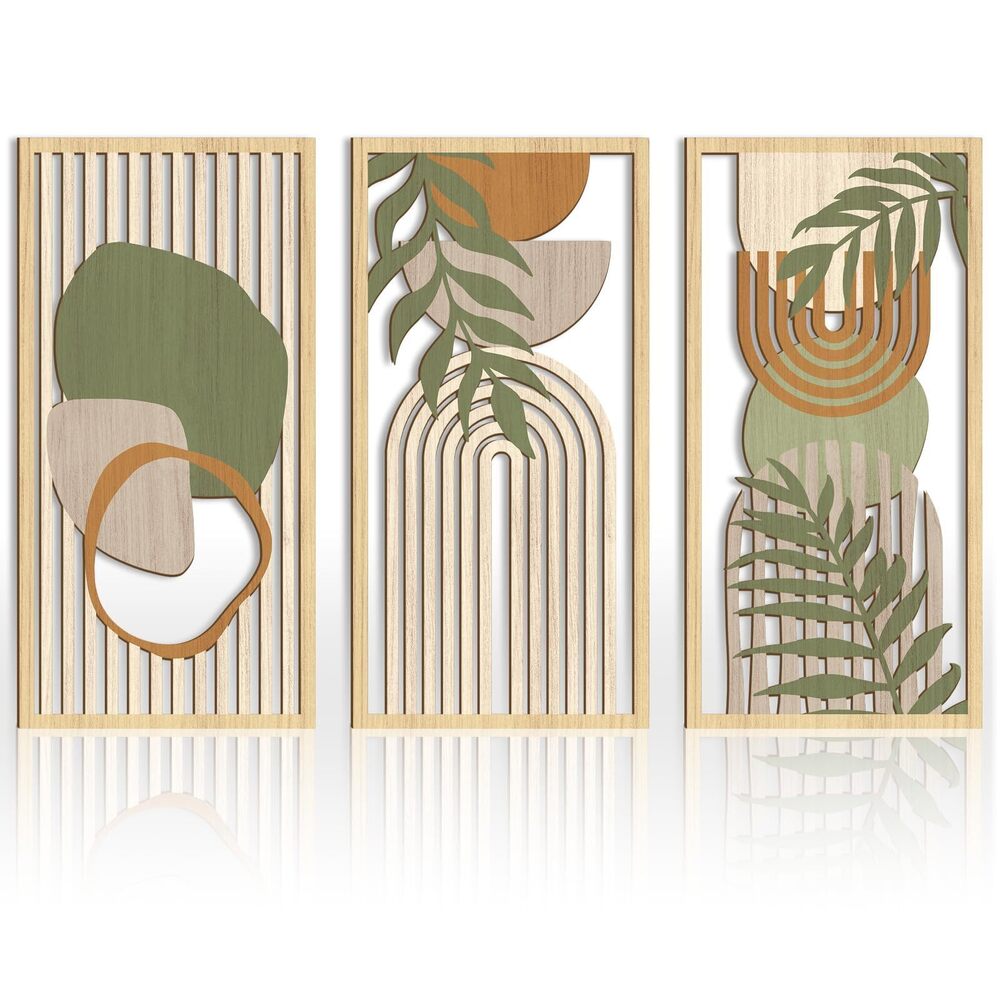 1322 Boho Mid-century Modern Wood Wall Art 16x32 Inch Large Green Abstract